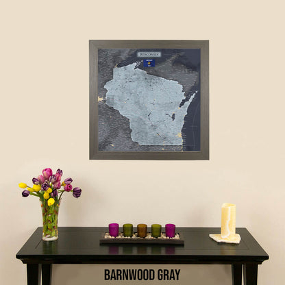 Slate Wisconsin State Push Pin Travel Map in Barnwood Gray Frame