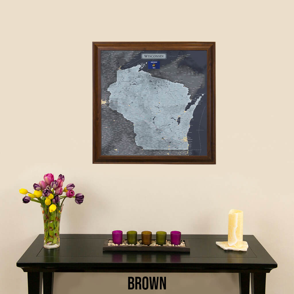Slate Wisconsin State Push Pin Travel Map in Brown Frame