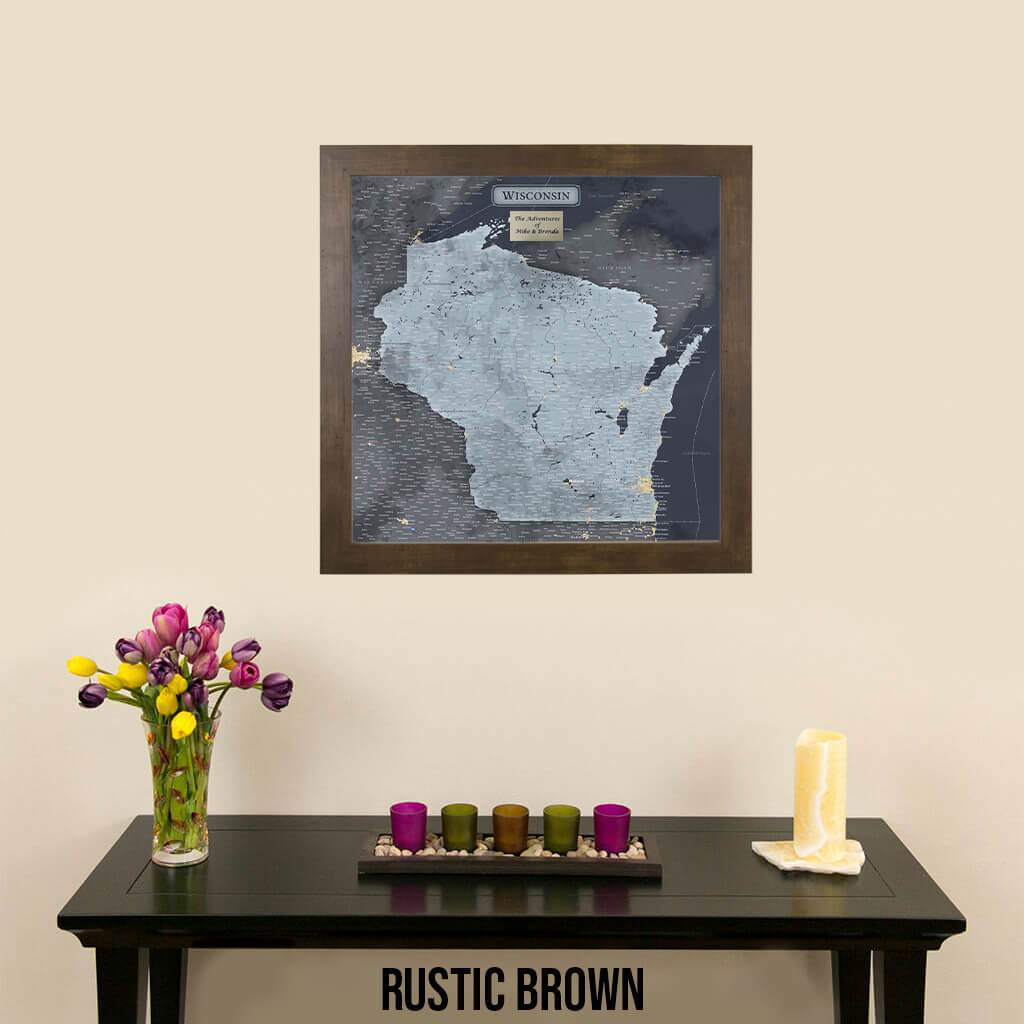 Slate Wisconsin State Push Pin Travel Map in Rustic Brown Frame