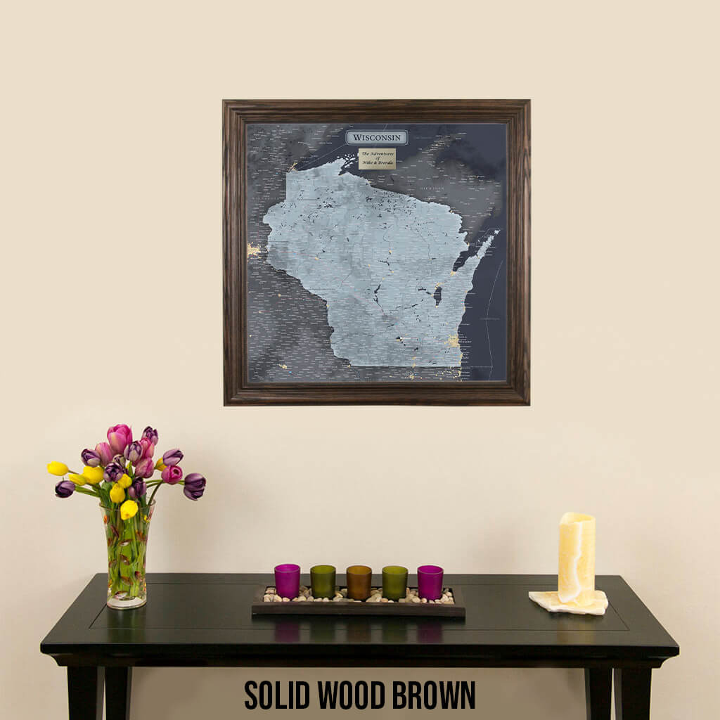 Slate Wisconsin State Push Pin Travel Map in Solid Wood Brown Frame