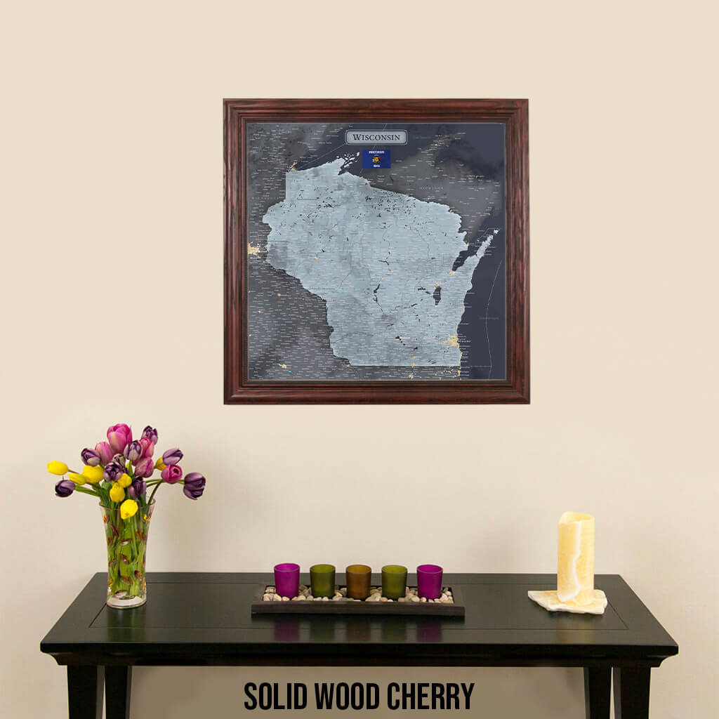 Slate Wisconsin State Push Pin Travel Map in Solid Wood Cherry Frame