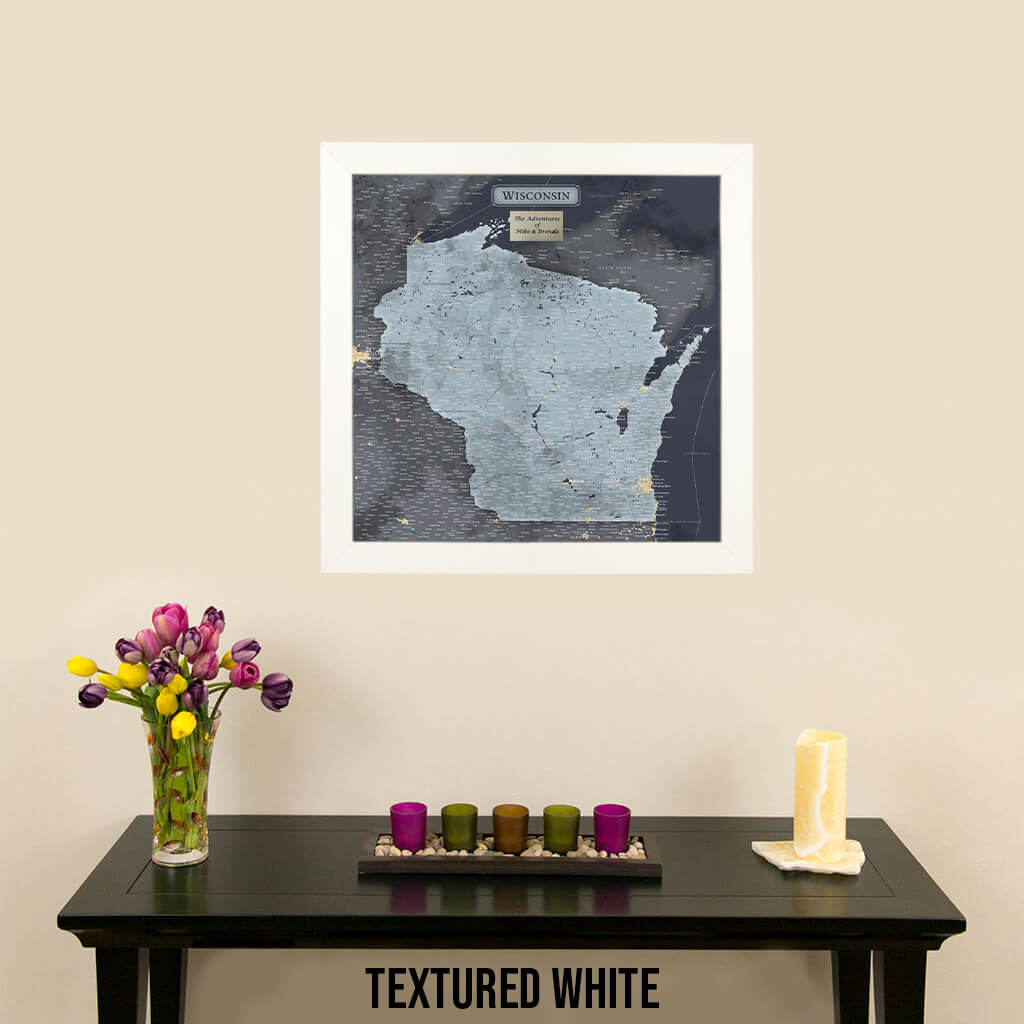 Slate Wisconsin State Push Pin Travel Map in Textured White Frame