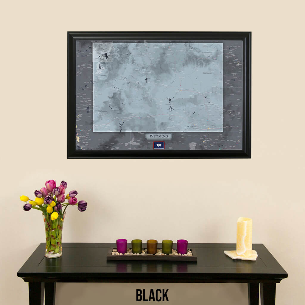 Framed Wyoming State Push Pin Travel Map in Black Frame