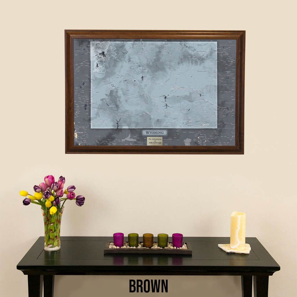 Framed Wyoming State Push Pin Travel Map in Brown Frame