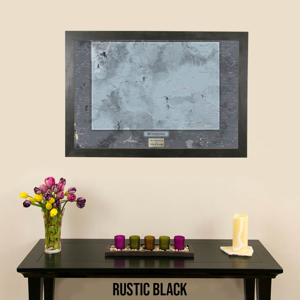 Framed Wyoming State Push Pin Travel Map in Rustic Black Frame