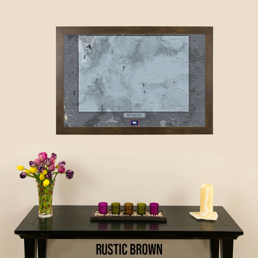 Framed Wyoming State Push Pin Travel Map in Rustic Brown Frame