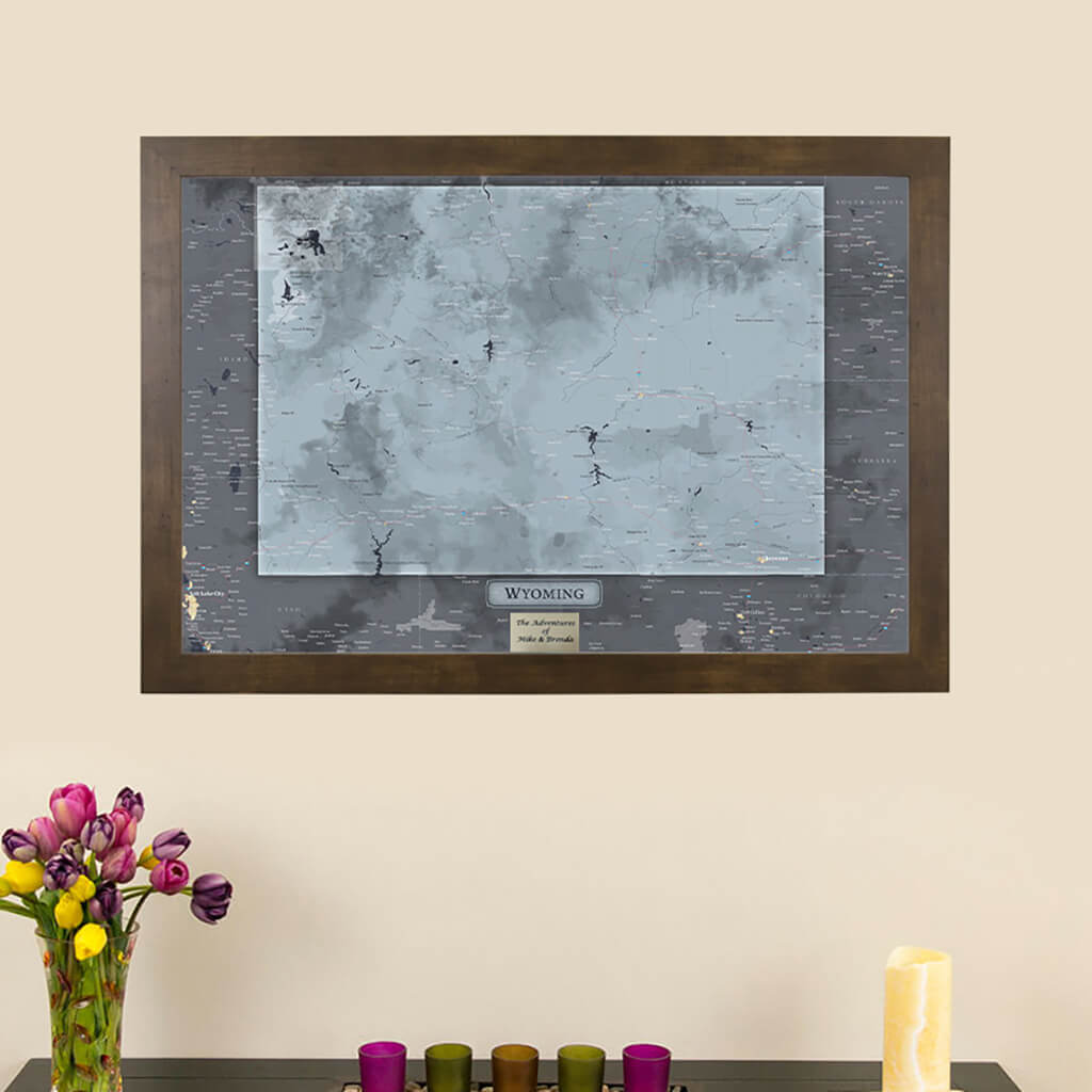 Framed Wyoming State Push Pin Travel Maps, Slate Gray Wall Map with Pins