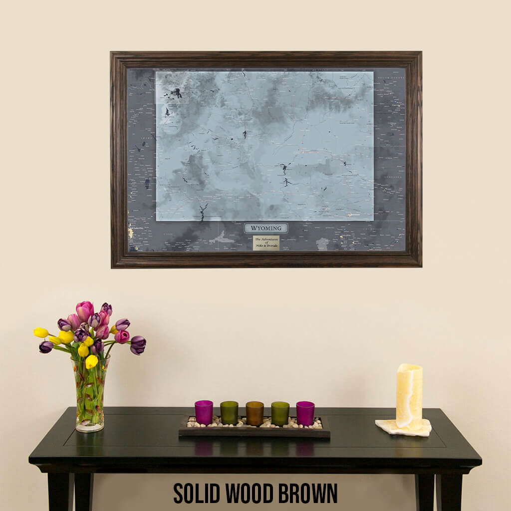 Framed Wyoming State Push Pin Travel Map in Solid Wood Brown Frame