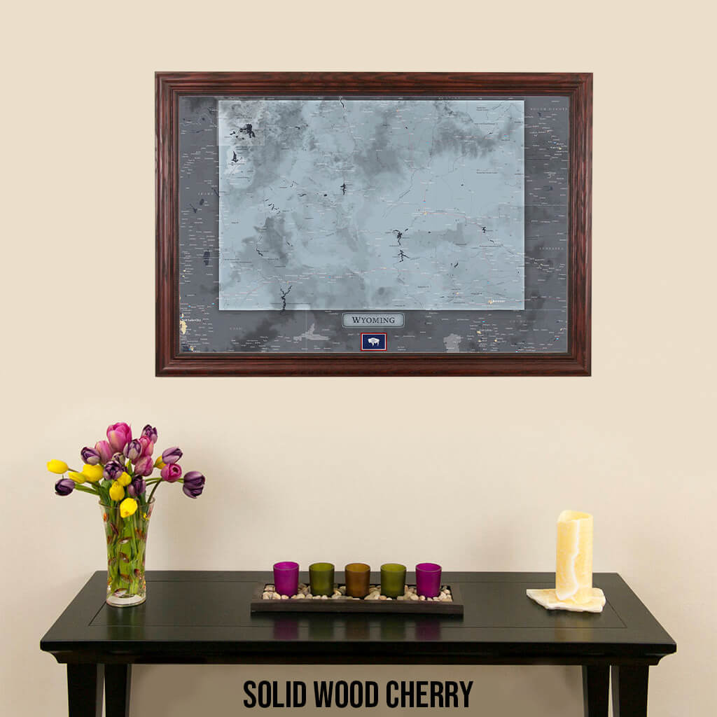 Framed Wyoming State Push Pin Travel Map in Solid Wood Cherry Frame