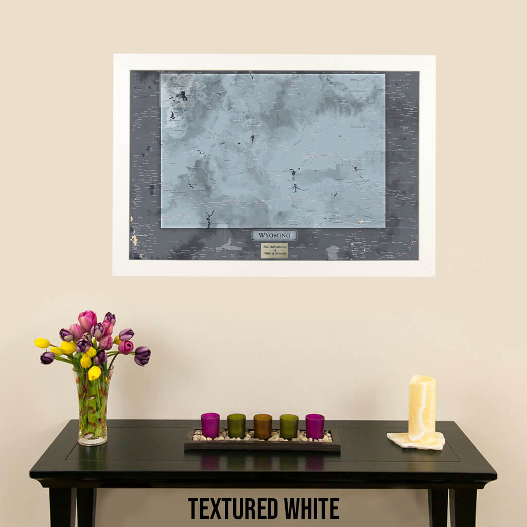 Framed Wyoming State Push Pin Travel Map in Textured White Frame