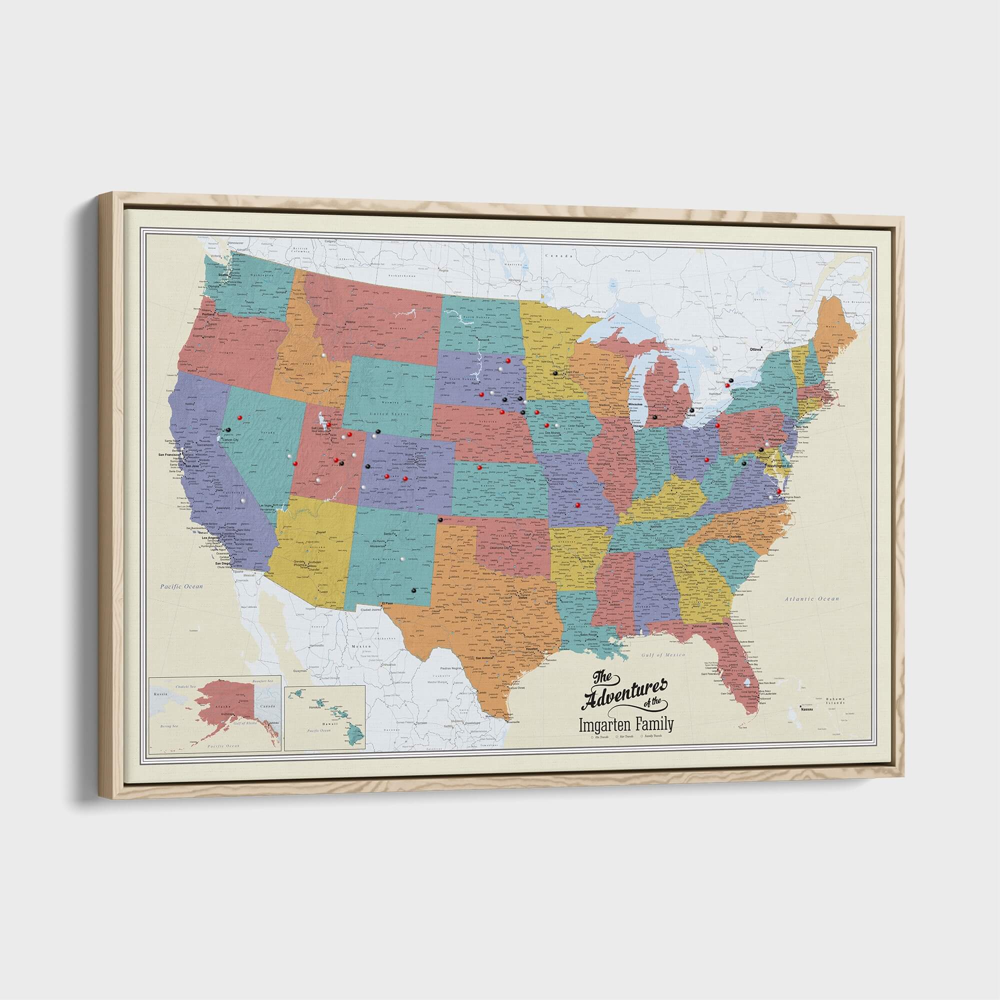 Canvas - Tan Oceans USA Travel Pin Map