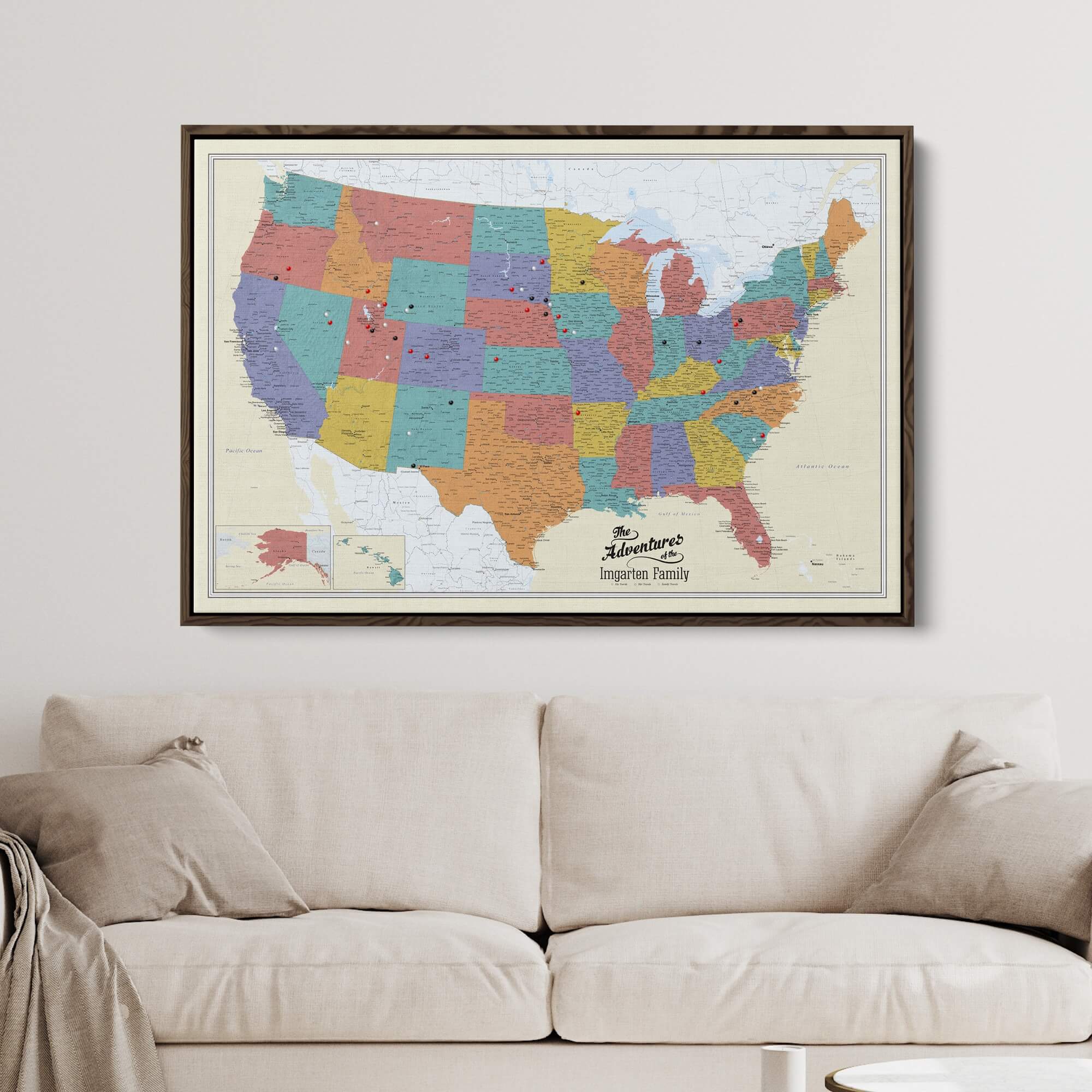 Canvas - Tan Oceans USA Travel Pin Map