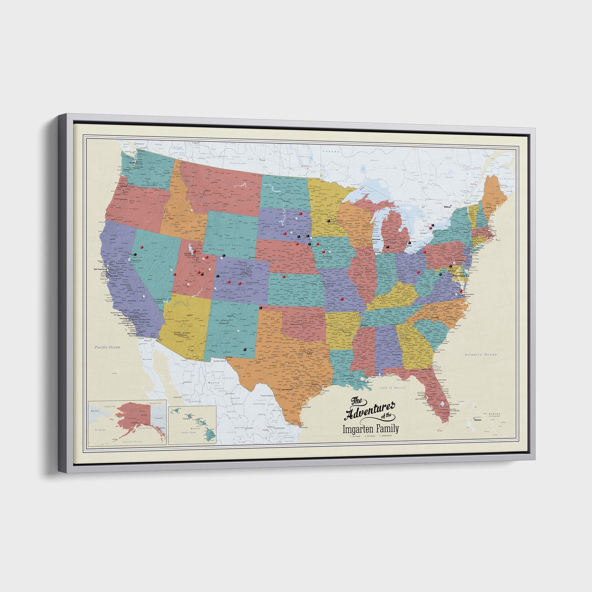 Canvas - Tan Oceans USA Travel Pin Map
