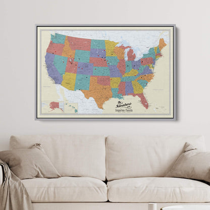 Canvas - Tan Oceans USA Travel Pin Map