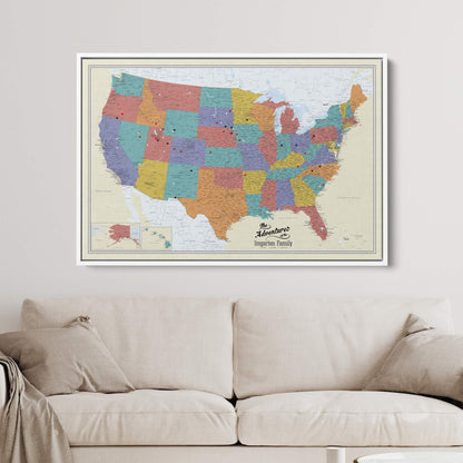 Canvas - Tan Oceans USA Travel Pin Map