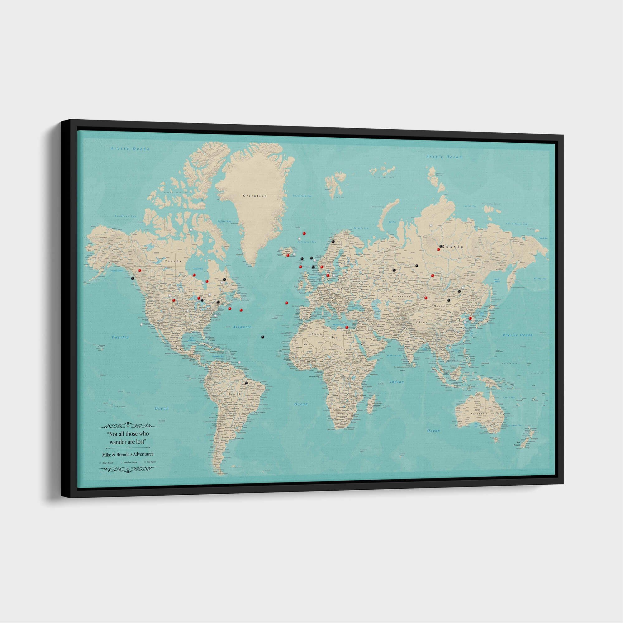 Canvas - Teal Dream World Push Pin Map with Pins
