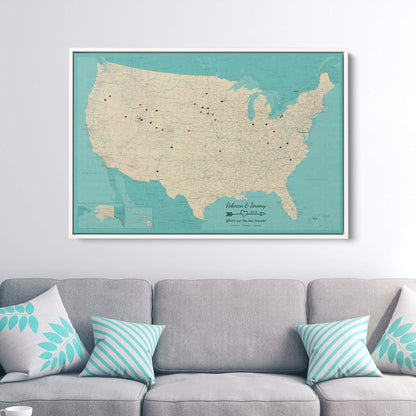 Canvas - Teal Dream USA Push Pin Map with Pins
