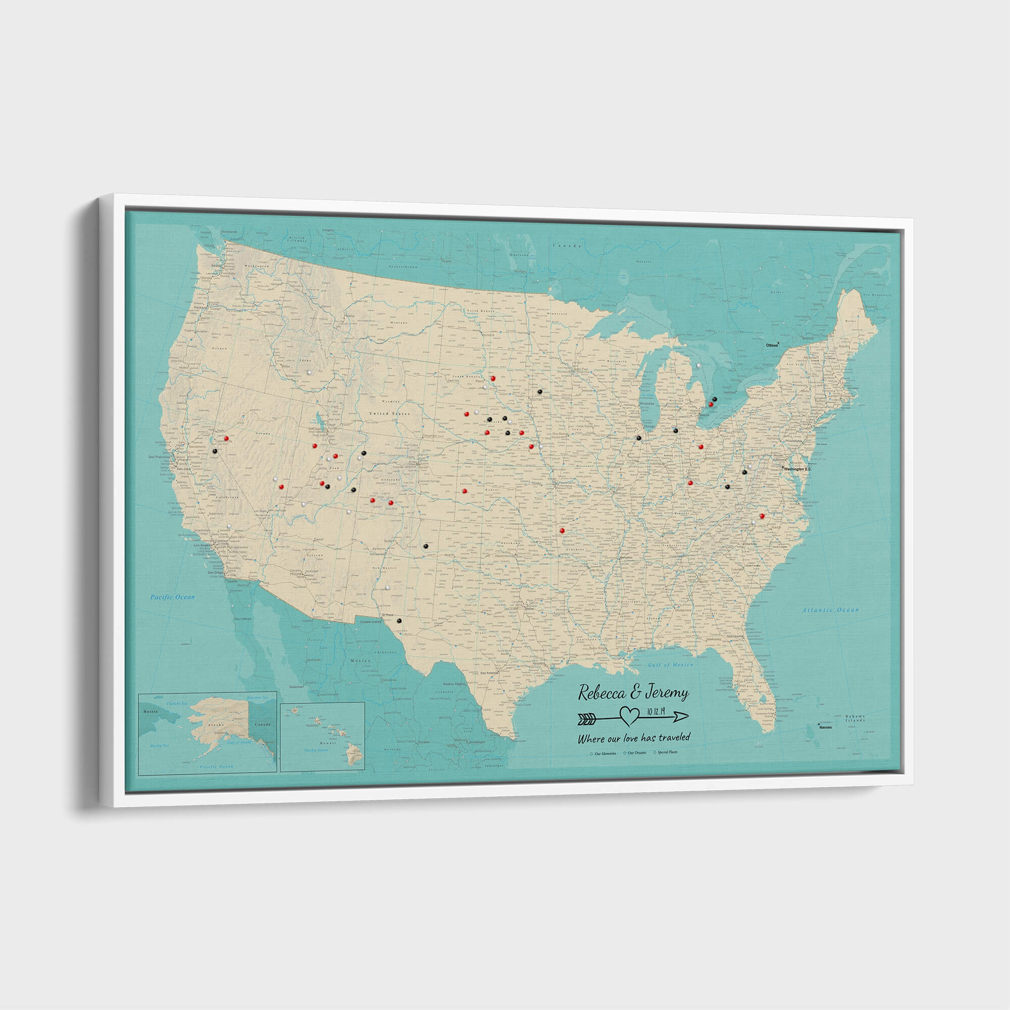 Canvas - Teal Dream USA Push Pin Map with Pins