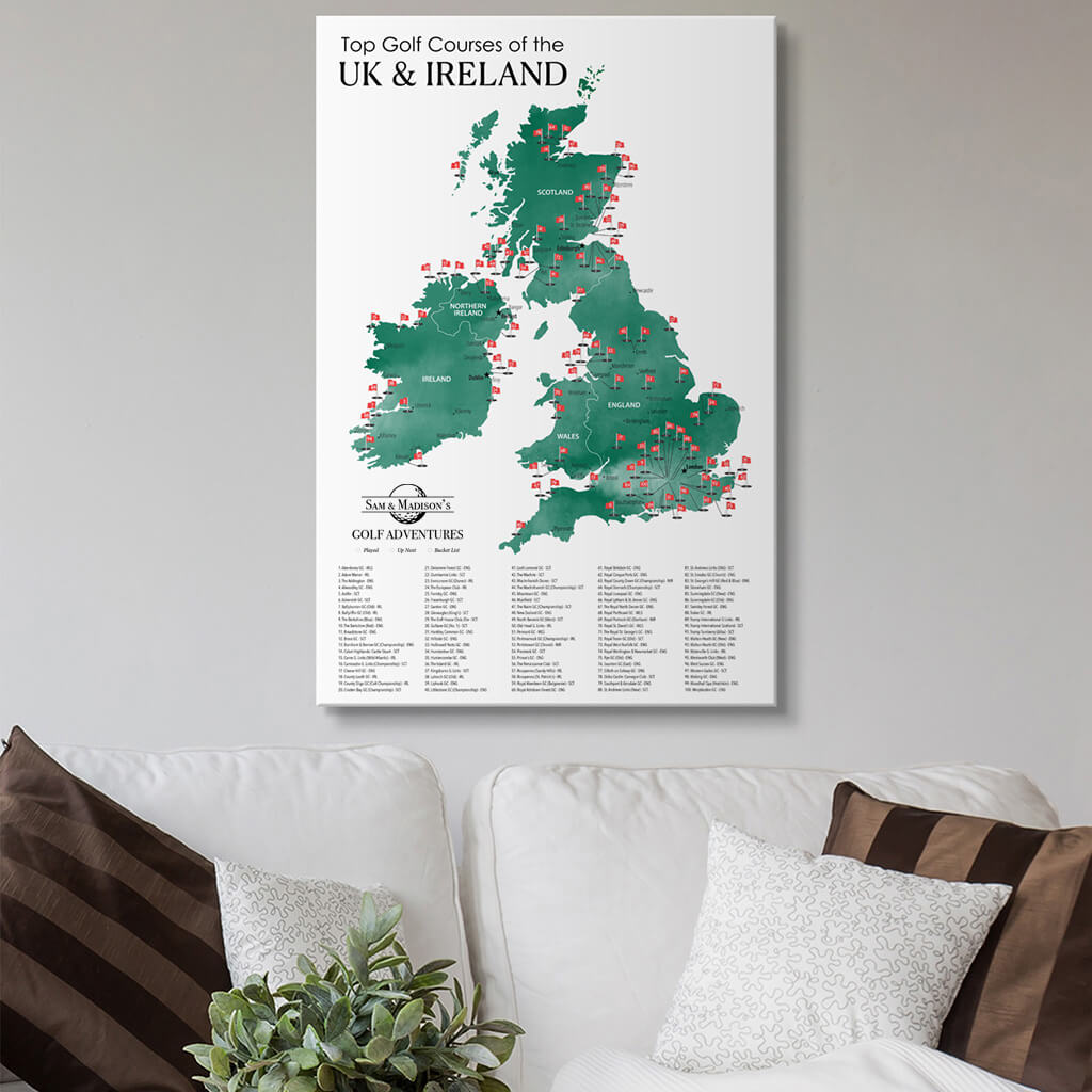 Top Golf Courses of The UK and Ireland Gallery Wrapped Canvas Map in 24x36 size