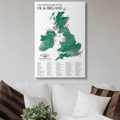 Top Golf Courses of The UK and Ireland Gallery Wrapped Canvas Map in 24x36 size