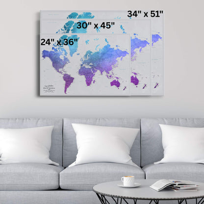 Gallery Wrapped - Vibrant Violet Watercolor World Travel Map with pins