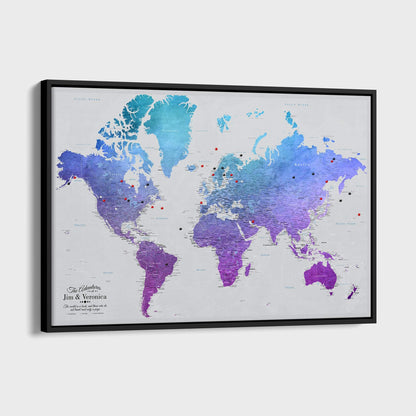 Canvas - Vibrant Violet Watercolor World Travel Map with pins
