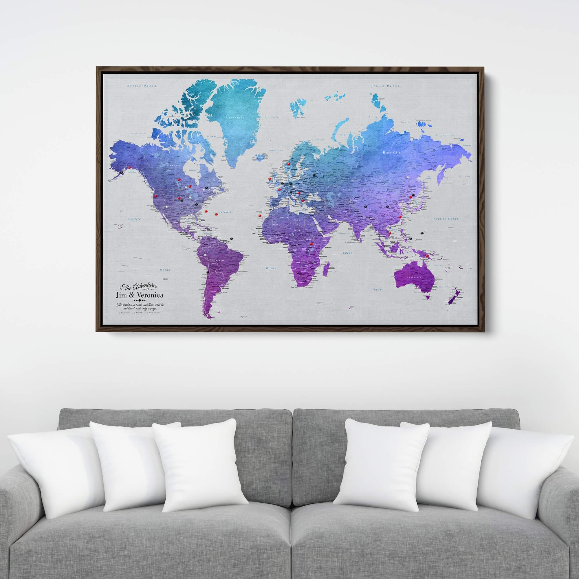 Canvas - Vibrant Violet Watercolor World Travel Map with pins
