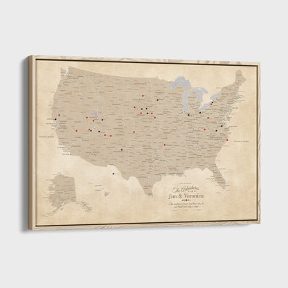 Canvas - Vintage USA Push Pin Travel Map with pins