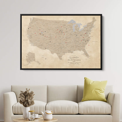 Canvas - Vintage USA Push Pin Travel Map with pins