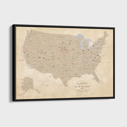 Canvas - Vintage USA Push Pin Travel Map with pins