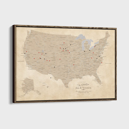 Canvas - Vintage USA Push Pin Travel Map with pins