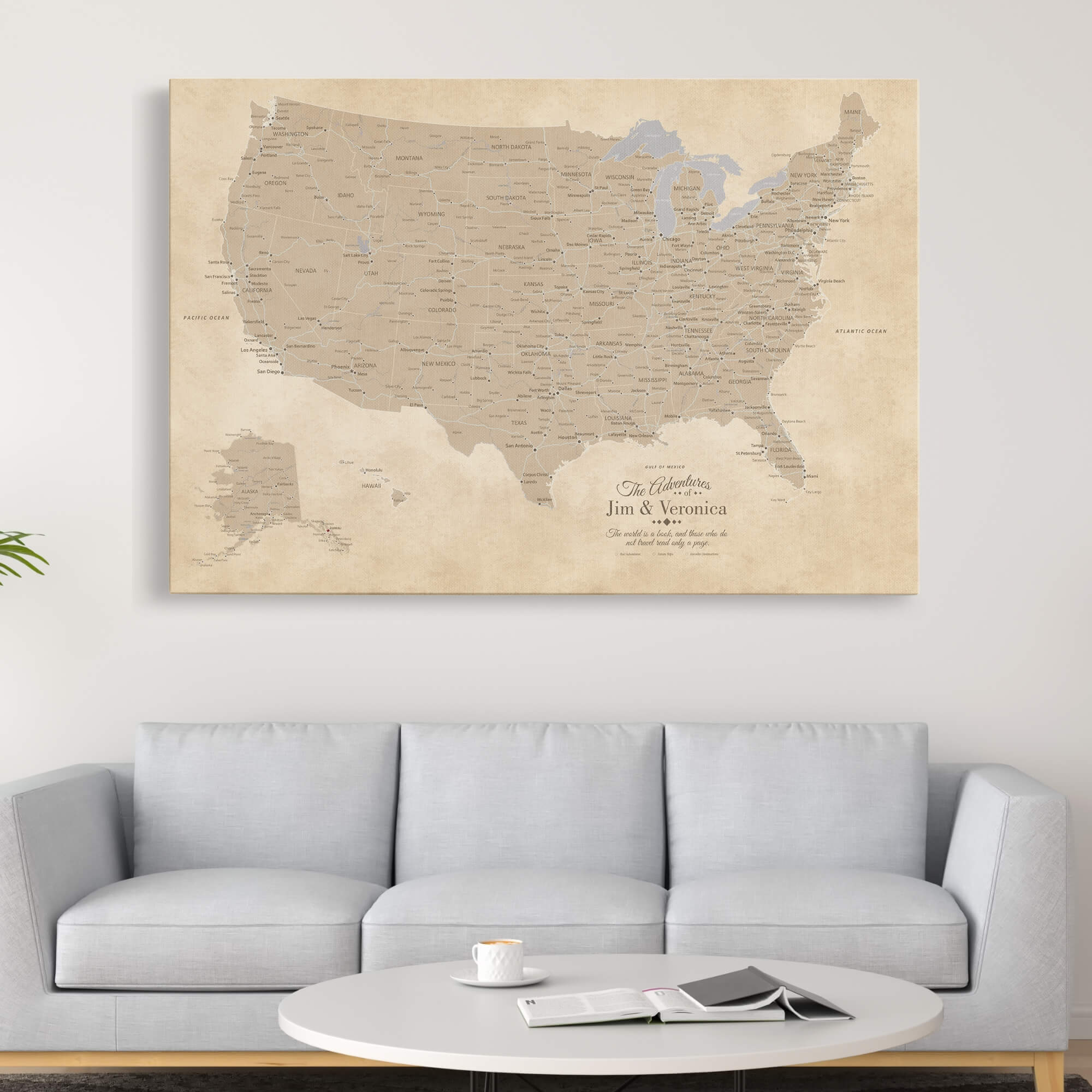 Gallery Wrapped - Vintage USA Push Pin Travel Map with pins