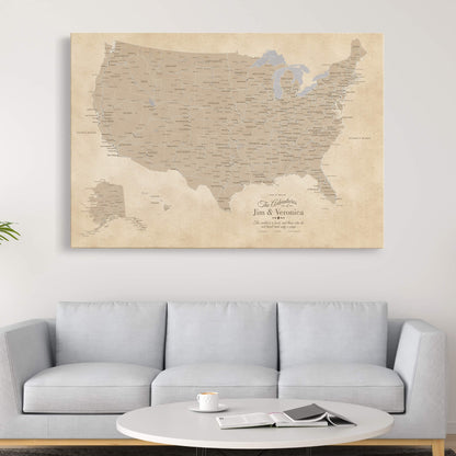 Gallery Wrapped - Vintage USA Push Pin Travel Map with pins