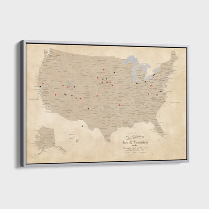 Canvas - Vintage USA Push Pin Travel Map with pins