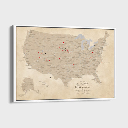 Canvas - Vintage USA Push Pin Travel Map with pins