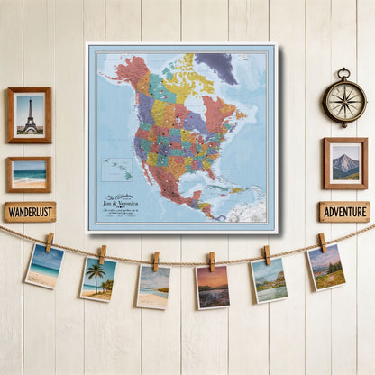 Personalized Blue Oceans North America canvas travel map with pins displayed on rustic wall