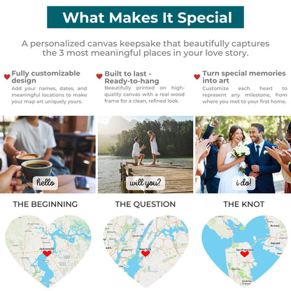 Relationship Map Wall Art | 3 Heart Couple Map | Option 2