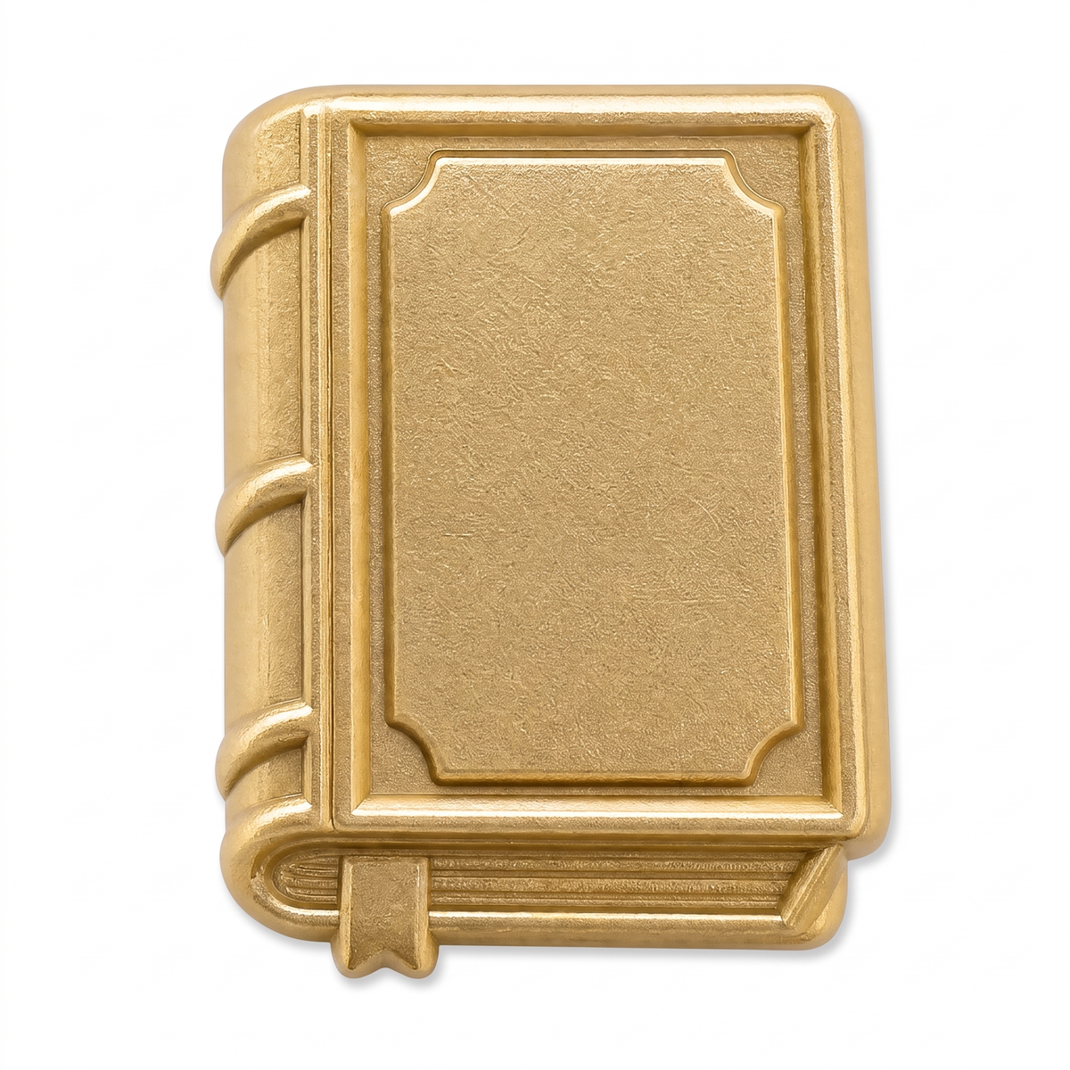 Matte gold 3D metal book lapel pin with embossed spine bands and bookmark ribbon detail