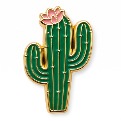 Green and gold soft enamel cactus push pin with pink blooming flower top detail