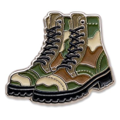 Camo combat boots enamel lapel pin with green brown woodland pattern and black laces