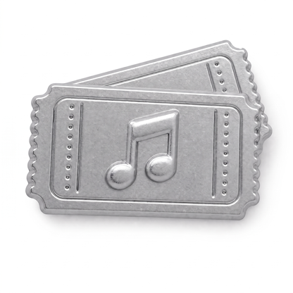Two silver 3D metal concert ticket push pins with embossed music note and perforated edges