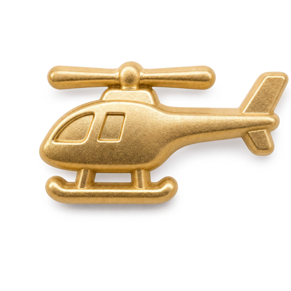 Matte gold 3D metal helicopter push pin with detailed rotors, cockpit windows, and landing skids