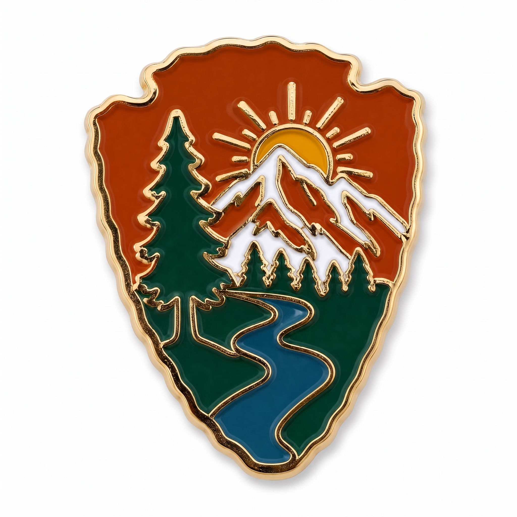 Arrowhead-shaped national park enamel lapel pin with gold trim featuring mountains, pine trees, and winding river