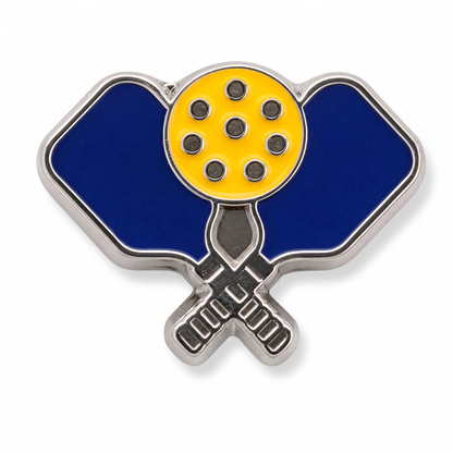 Blue and yellow enamel pickleball lapel pin featuring crossed navy paddles and ball