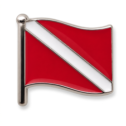 Red and white diver down flag enamel lapel pin with silver nickel border and flagpole