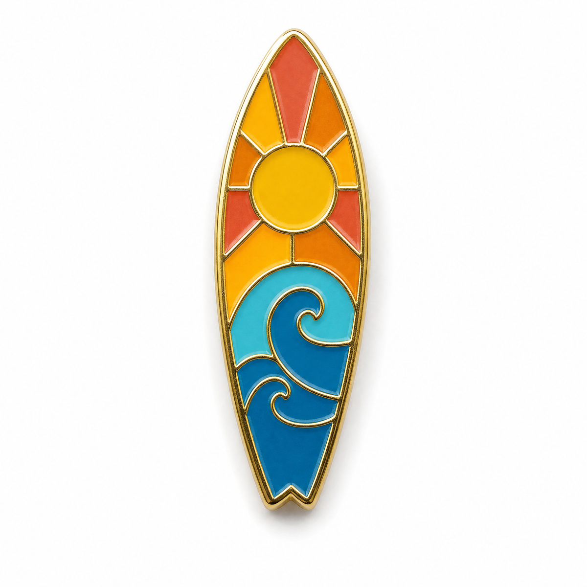 Gold-outlined surfboard enamel lapel pin with sunset rays and turquoise ocean waves design