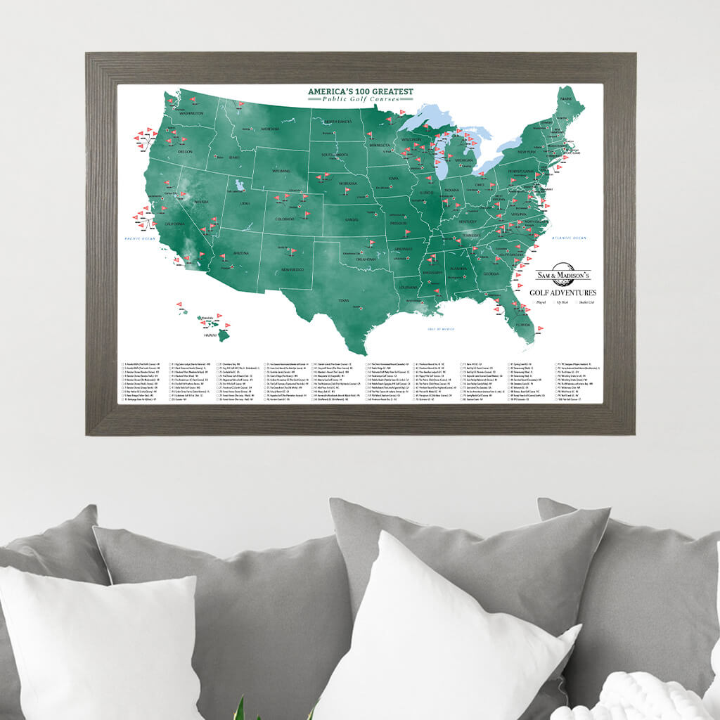Framed Canvas Golfers Map with Barnwood Gray Frame and Pins