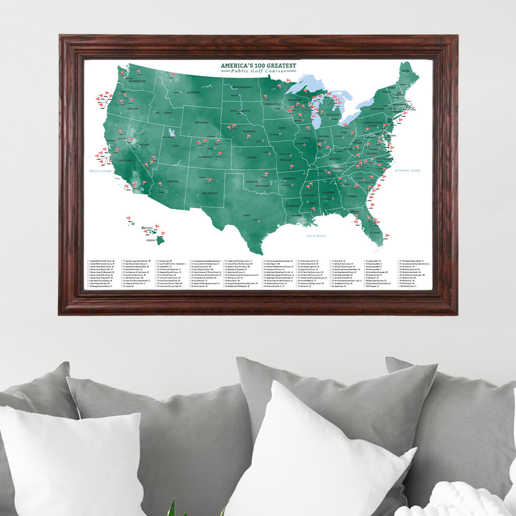 Top 100 Public US Golf Courses Map on Canvas in Solid Wood Cherry Frame