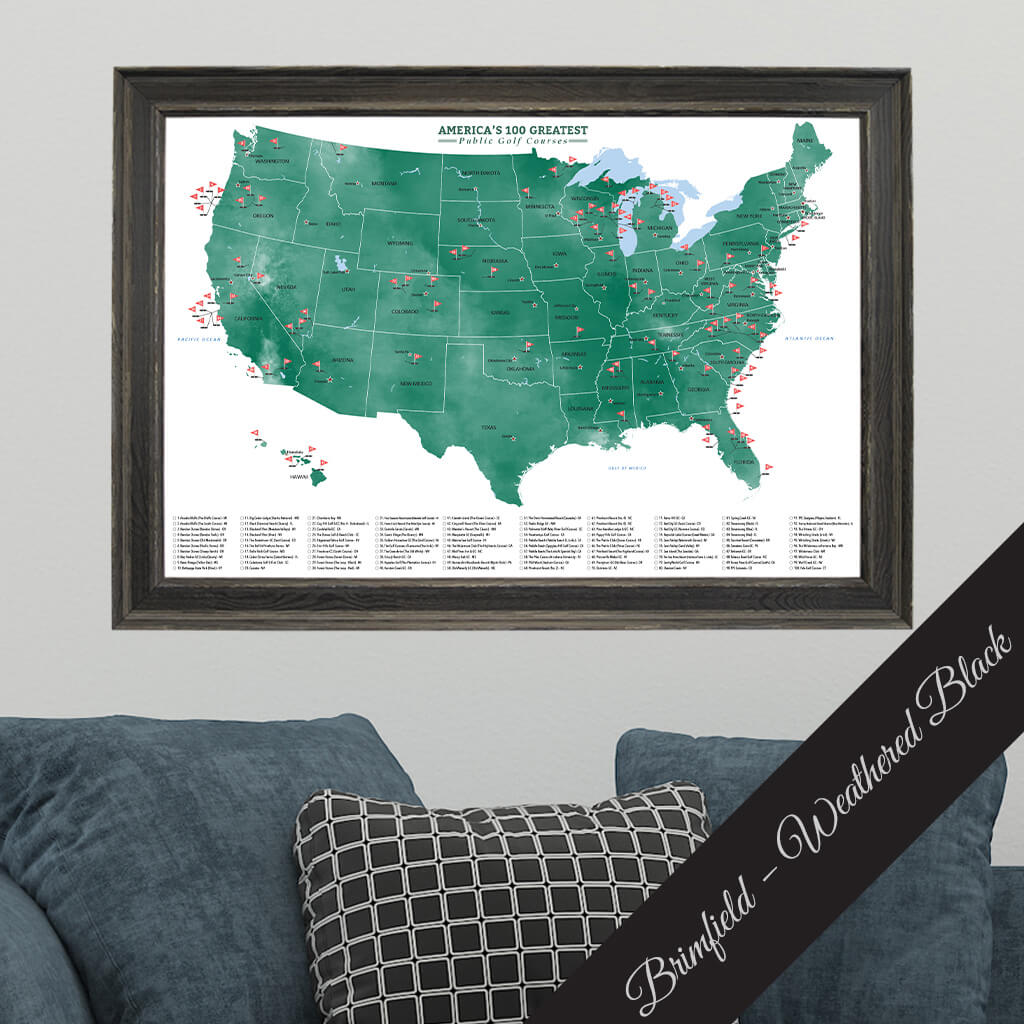 Canvas Top 100 Public US Courses Golf Push Pin Travel Map in Premium Brimfield Black Frame