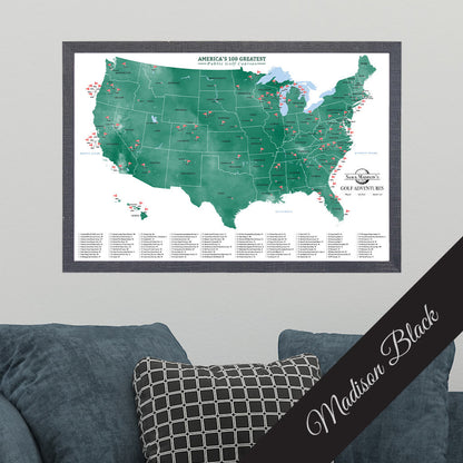 Canvas Top 100 Public Courses Golf Push Pin Travel Map in Premium Madison Black Frame